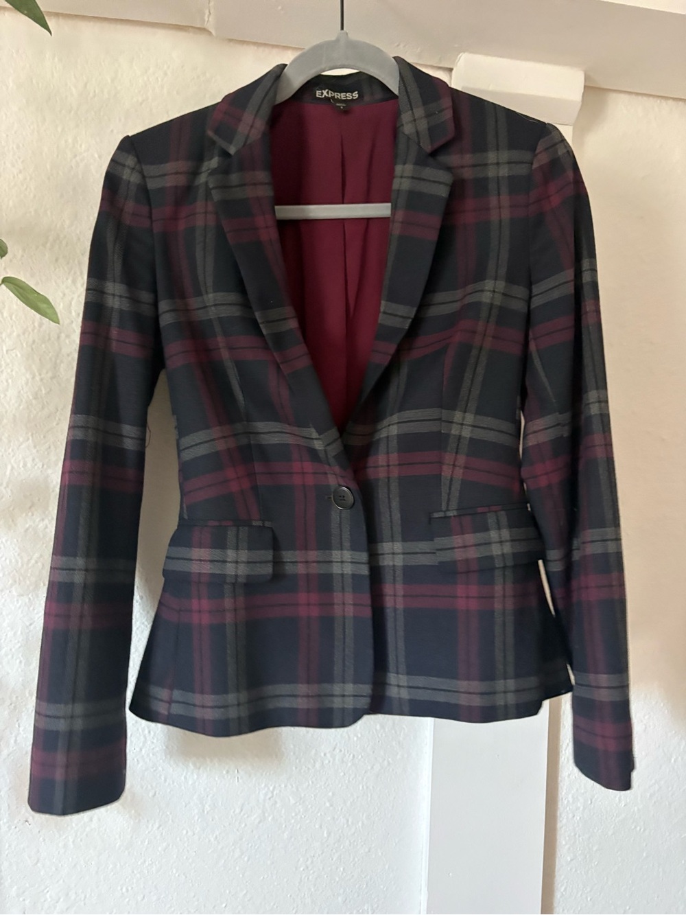 Express Navy and Burgundy Plaid Tailored Blazer